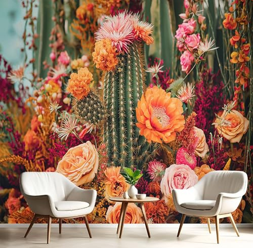 JEDTAKCT Carta Da Parati 350X256Cm Cactus Rosa Fotomurali 3D Effetto Piante Naturali Fotomurale Arancione Bruciato Decorazione Da Grande Parete Fotografica Per Camera Da Letto Soggiorno
