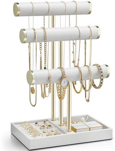 Vlando Armbandhalter mit 3 Ebenen, mit Tablett, Leder-Schmuckständer für Damen, Schmuckhalter für Halskette, Uhren, Ringe, Ohrringe, Armreif, Haargummi, Weiß