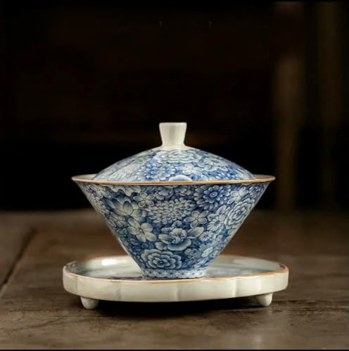 Taza de té de Arcilla Antigua, Cuenco para Preparar té, cerámica, para Ceremonias Individuales, sopera de bambú, gaiwan Sancai de Alta Gama, Azul y Blanco.