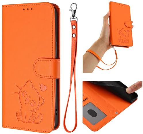 BEENTRYS Cuero PU Funda para Moto G22 4G / E32S / E22S 4G Funda,Carino Gato y Corazón Cartera con Tapa Ranuras para Tarjetas Bolsillo Soporte Flip Case Antigolpes Carcasa-Naranja