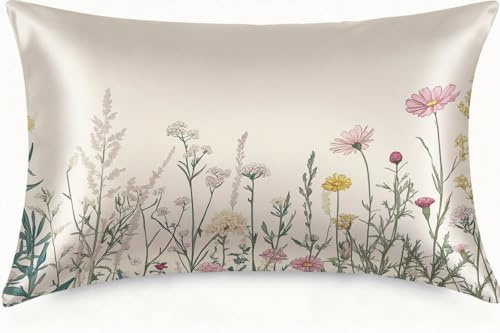 Silk Pillowcase for Hair and Skin Wildflowers and Herbs Satin Pillowcase Standard Size with Zipper Silky Soft Cooling Satin Pillowcase Sleeping for Women 20x26