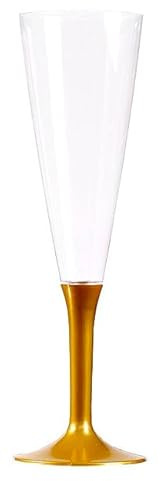 Flûtes à Champagne Réutilisables en PVC, 20 cm, Pied Détachable Coloré, Lot de 10, Translucide et Brillant, Compatible Lave-Vaisselle, 12 Coloris Disponibles, Décoration Fête et Mariage (Doré)