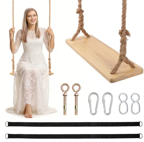 Altalena per albero in legno massello, capacità 226,8 kg, resistente per adulti, con corda di canapa regolabile da 299,7 cm e kit completo per appendere portico, giardino, cortile e studio