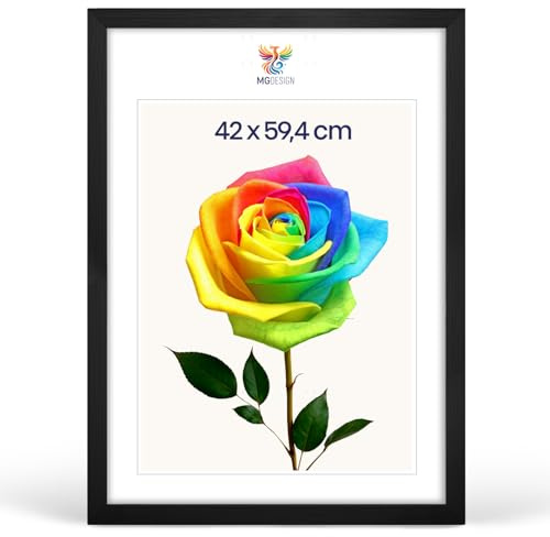 MG Design Bilderrahmen A2 42 x 59,4 cm – Posterrahmen mit Schwarz Holzrahmen (Echtholz) und bruchsicherem Acrylglas, Hoch & Quer mit stabiler Wandaufhängung