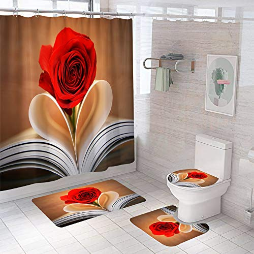 Badgarnitur 4 Teilig Badezimmerteppich Waschbar Badematte rutschfest,Wc Vorleger Mit Ausschnitt Badematte Und Duschvorhang,Badvorleger Toilette Teppich 45X75Cm Rote Rose