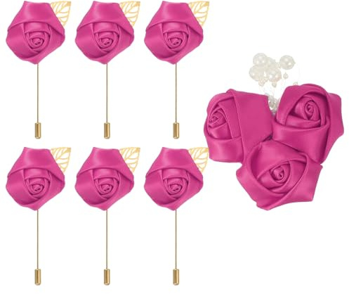 QUARKZMAN 7 Stück Blumen Broschen Rosenrot, Bandrosen Seidenmaterial, Hochwertige Broschen für Kleidung, Lange Nadelform & Anstecknadel-Stil Ansteckblume