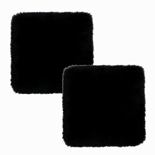 RZLWOOL Genuine Wool Chair Cushion 2 Pack Non-Slip Comfortable Natural Sheepskin Pad Carpet Suitable for Home Sofa Restaurant Car Seat Office Dining Chairs. (Black, 18x18 Inch)