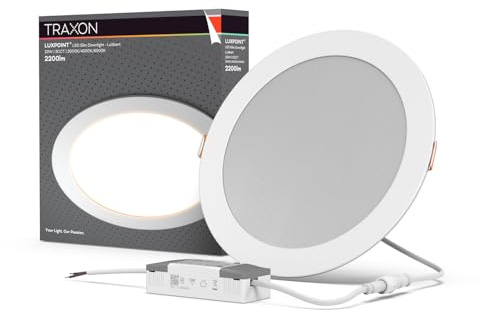 TRAXON LUXPOINT® Downlight LED Empotrable Slim 20W 3CCT 3000K/4000K/6500K con Driver Externo, Panel LED Redondo Ø224mm Corte 205-210mm, Foco LED Techo Interior 120° 220-240V (Blanco, 20W CCT)