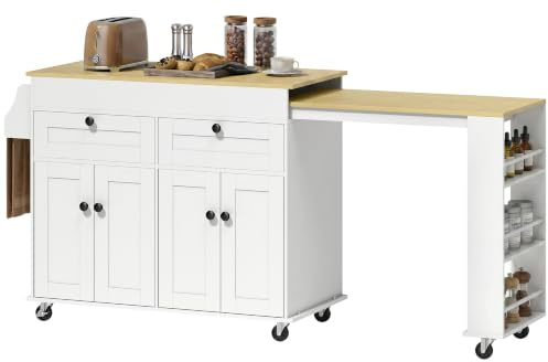 HOMCOM Îlot Central Cuisine Plateau Extensible 127,2-189,2x50x87,8 cm Blanc | Desserte de Cuisine Sur Roulettes, 2 Tiroirs, 4 Portes, Porte-Serviettes, Porte-Épices, Style Rustique