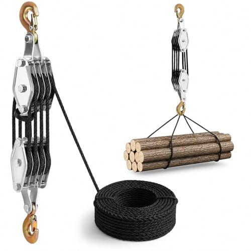 Flaschenzug mit Seilbremse 2000kg Tragkraft, 20m Nylonseil & 8:1 Übersetz | Manueller Kettenzug mit 270° drehbarem Haken für Baustelle, Werkstatt & Schwertransport – Hebegerät für schwere Lasten