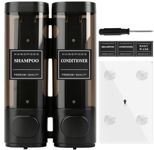 Seifenspender Wandmontage Shampoo Duschgel Spender 2 Kammern Seifenspender Duschspender Wand Ohne Bohren für Dusche, Hotel und Küche, 300ML*2 (Schwarz)