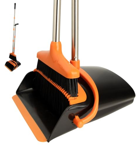 OOOFLOWER Broom with Dustpan Combo Set,141cm Long Handled,Black Orange | Foldable Upringht Design for Saving Storage.Household Kit for Pet Hair Home Kitchen and Lobby