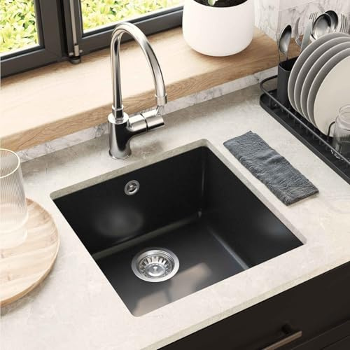 Kaloriko Lavabo negro 430 x 460 mm Fregadero empotrable de 80% cuarzo y 20% resina, fregadero bajo encimera con escurridor, fregadero de granito rectangular, resistente, fácil de limpiar, para cocina