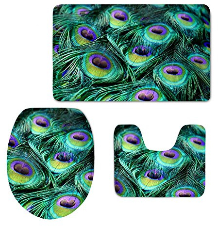 Coloranimal - Set da bagno composto da scendibagno, copertura per WC e tappetino di contorno, alla moda, motivo: pavone moderno blue peacock