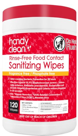 HandyClean Rinse-Free Food Contact Sanitizing Wipes Canister, Multi Surface Cleaning Supplies for Kitchen and Professional Setting One Canister (120 Wipes)