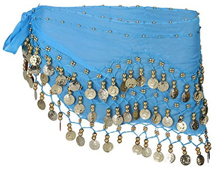 LUOEM Damen Bauchtanz Gürtel, Chiffon Hüfttuch, Tanztuch mit Münzen für Bauchtanz (Himmelblau)