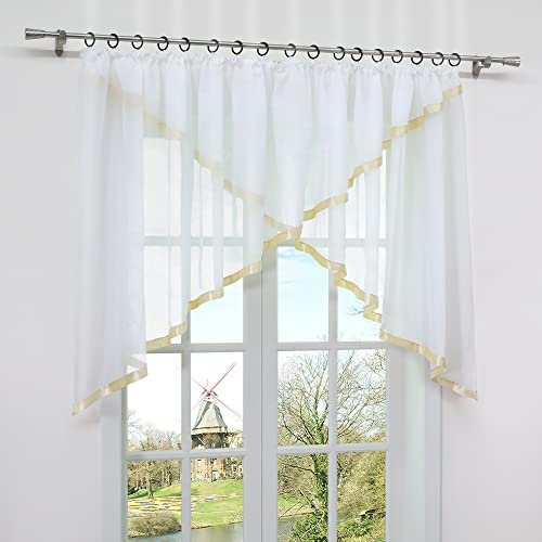 HongYa Voile Gardine als Kuvertstore mit Kräuselband und Satinbändern | Sand, H/B 100/300 cm, transparent, einteilig, lichtdurchlässig, pflegeleicht, mittig gebunden für Wohnzimmer und Schlafzimmer