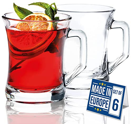 CRYSTALIA Glass Coffee Mugs Set of 6 220ml 100% Lead Free Clear Tea Cups, Coffee Glasses with Handles, Glass Tea Mugs Drinking Mugs, Mulled Wine Glasses with Handles, Juice Glasses