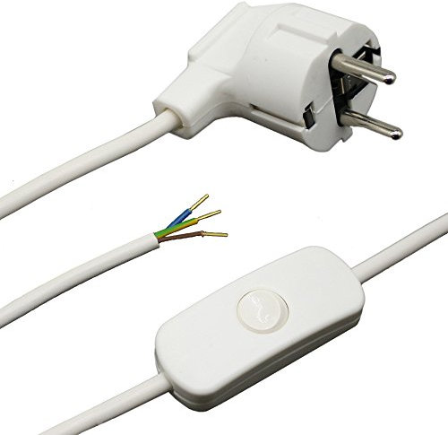 2m Zuleitung Weiß mit Schutzkontakt-Stecker & Schnurzwischenschalter | Anschlusskabel Netzkabel Schlauchleitung 3x0,75qmm 250V mit Winkelstecker u. AN/AUS Schalter