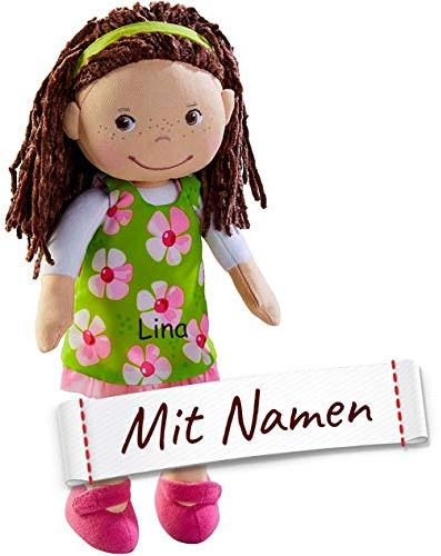 HABA Stoffpuppe Coco mit Namen Bestickt, weiche Erste Baby Puppe mit Kleidung und Haaren, 0-5 Jahre Kuschelpuppe Taufgeschenk, Anziehpuppe Kuschelpuppe 303666