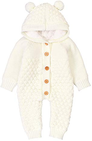 VICROAD Baby Strampler Gestrickter Overall With Fleece Lining Babykleidung Kapuze mit Süßen Ohren für Jungen Mädchen Neugeborene