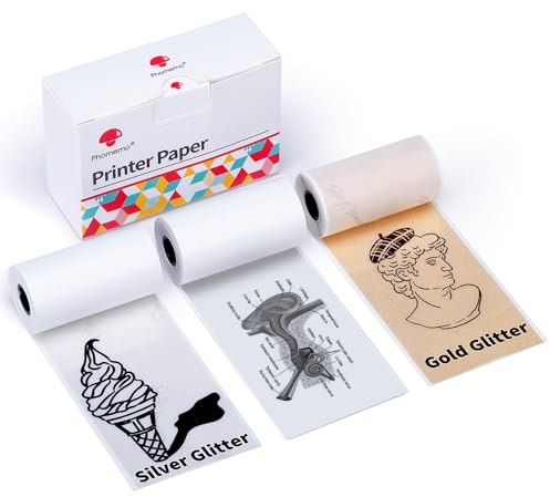 Phomemo Aufkleber 3 Rollen, wasserfestes Thermopapier für Etiketten Kompatibel mit M02, M02X, M02L, M02Pro, Q02E, P2S Mini Drucker, Transparent, Silber Glitter, Golden Glitter (50mm x 3.5m/Rolle)