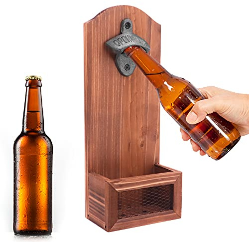 Beowanzk Flaschenöffner Wand aus Holz mit Auffangbehälter,Wandflaschenöffner Retro Gusseisen,Korkenzieher Wandmontage,Bieröffner Wand,Kapselheber Wand,Wall Mounted Bottle Opener,Bier Offner