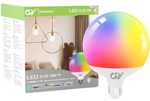 GY Alexa Glühbirne Smart Lampe E27 G120 18W 1800lm,Alexa Zubehör WLAN Leuchtmittel Kompatibel mit Google Home 2.4 GHz,RGB Dimmbar Warmweiß-Kaltweiß und Mehrfarbige Birne,1 Stück