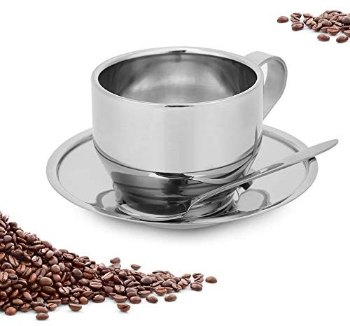Tomotato Set di Tazze da Caffè, Elegante Tazza da Caffè a Doppia Parete con Piattino e Cucchiaio, 4 Once, Acciaio Inossidabile, per Caffè Espresso, Cappuccino e Latte