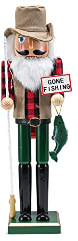 Ornativity Christmas Fisher Man Nutcracker – Red and Green Wooden Fisherman Nutcracker Man with Fishing Rod and Fish in Hand Xmas Themed Holiday Nut Cracker Doll Figure Decorations 15