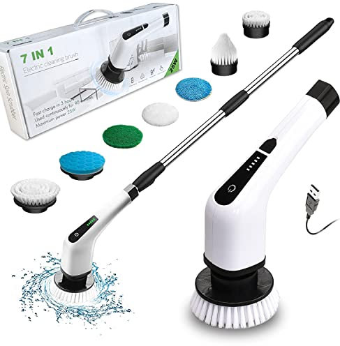 Electric Spin Scrubber, FARI Cordless Cleaning Brush with 7 Replaceable Drill Brush Heads, Tub and Floor Tile 360 Power Scrubber Mop with Adjustable Handle for Bathroom Kitchen Car (White)