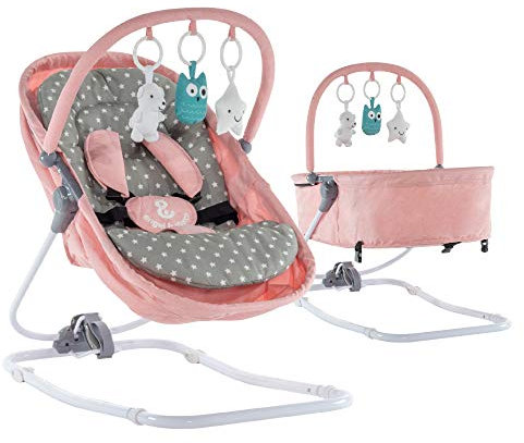 Engel & Storch Babywippe VIGO Baby Schaukelstuhl Babywiege mit abnehmbarem Bezug und Spielebogen - in Pink + Grau