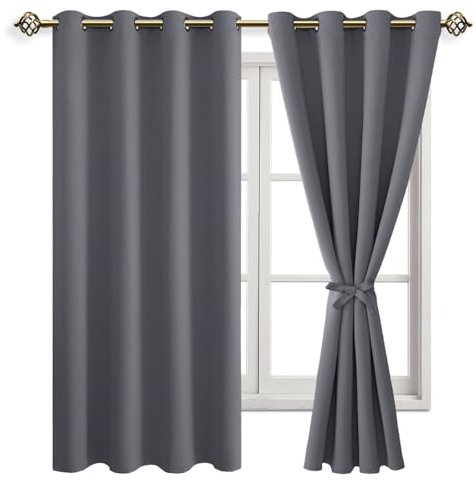JIUZHEN Verdunklungsvorhänge mit Raffhalter Grau Vorhang Blickdicht Gardinen Ösenvorhang für Schlafzimmer Thermovorhang Wohnzimmer, 2 Stück, 175x140cm(HxB)