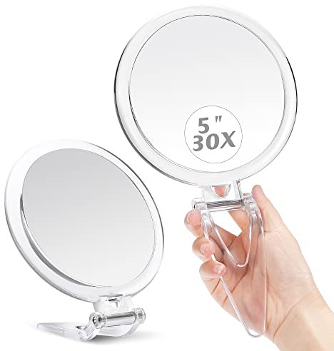MIYADIVA Miroir grossissant 30 x avec poignée, Miroir de Poche de Voyage avec grossissement Double Face 1 x 30 x Miroir de Maquillage Pliable de 5 Pouces comme Cadeau pour Les Parents