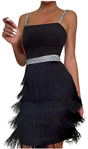 Abito da Ballo da Donna Sexy in Tinta Unita Con Frange, Senza Maniche, Orlo a Cascata, Sottile Tunica da Discoteca