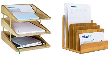 Relaxdays Dokumentenablage Bambus, 3 Ablagefächer, Stapelbar & Dokumentenhalter Bambus, 5 Fächer, Prospekte, Zeitschriften, Briefablage, HBT: ca. 23 x 24,5 x 20,5 cm, Natur, Braun, 1 Stück