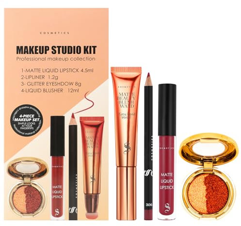 U-Shinein Blush Eyeshadow Lip Liner and Lipstick Makeup Set, Liquid Blush Beauty Wall, Shimmer Glitter Eyeshadow Palette, Matte Lipstick and Lip Liner, Christmas Makeup Gift, 4Pcs, 06