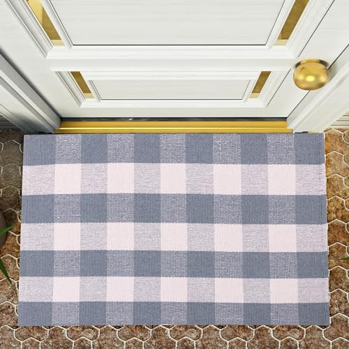 RAJRANG Baumwoll Tradewinds Grau Weiß Reversible Fläche Teppich - Bauernhaus Bodenmatte Handgewebte Waschbare Karierte Matte für Veranda Wohnzimmer 109 x 70 cm