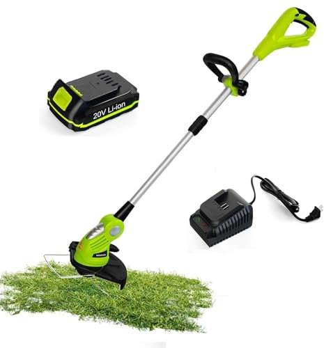 Désherbeur à batterie, coupe-herbe sans fil, tondeuse à gazon 20 V, machine de coupe d'herbe, sûre et pratique avec corde de tonte de pelouse et Li-Ion, pour l'entretien de la pelouse et les green