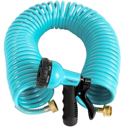 Dphkcey Tubo da giardino a spirale, 6,5 m, tubo a spirale, tubo per acqua riccia retrattile, leggero, piccolo tubo da giardino con 8 ugelli spray per giardino, prato, auto, camper, animali domestici,