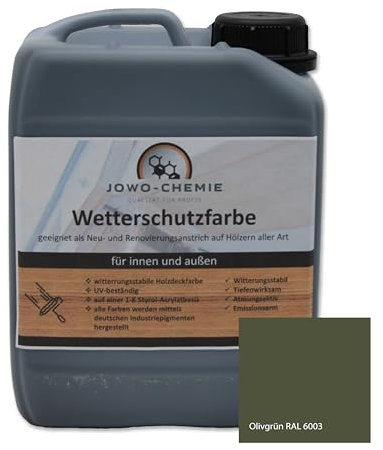 JOWO-CHEMIE Peinture de protection contre les intempéries (5 kg) Peinture pour bois, clôture, jardin sur bois de toutes sortes, Grand choix de couleurs Peinture acrylique (vert olive)