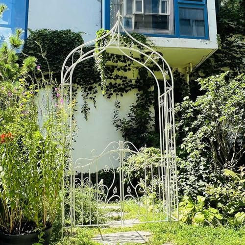 HCZION Retro Rankgitter Torbogen Rosenbogen Mit Tor, Gartenbogen Aus Metall Kletterpflanzen Rankhilfe Spalier, Pergola/Hochzeit/Terrasse Dekoration (Color : White)