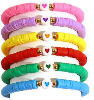 Sfoni 6pcs Friendship Bracelets Set, Colorful Preppy Smile Beaded Stretch Bracelets Stackable Heishi Surfer Clay Bead Bracelets for Girls Elastic Layering Bracelets Songs Album Jewellery Gift Ideas