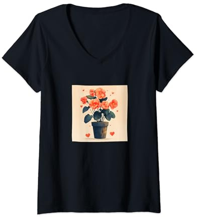 Donna Begonia Pianta In Vaso Cottagecore Boho Cuori Grafica Maglietta con Collo a V