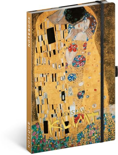 NOTIQUE Anteckningsbok linjerad med gummiband 13 x 21 cm ca. A5, designer hård anteckningsbok, anteckningsblock, anteckningsbok, dagbok för vuxna, kvinnor (Gustav Klimt)
