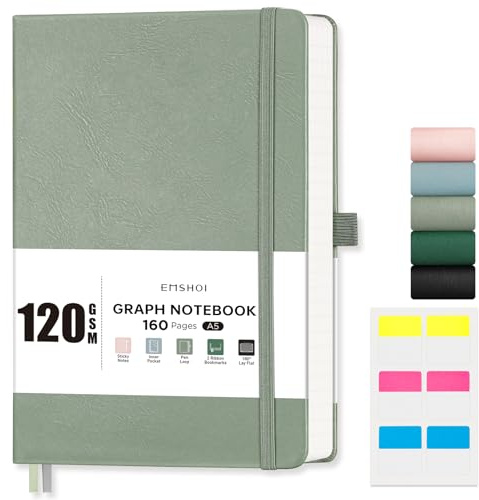 EMSHOI A5 Graph Paper Notebook, Hardcover Journal, 160 Pages, Light Green