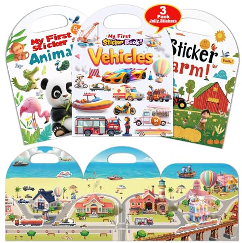 3-Pack Reusable Sticker Books for Toddlers 2-4 Years, Vehicles Truck, Animals & Farm Jelly Activity Stickers for Boys Girls Road Trip Airplane Train Travel Essentials Toy for Kids Birthday Gifts