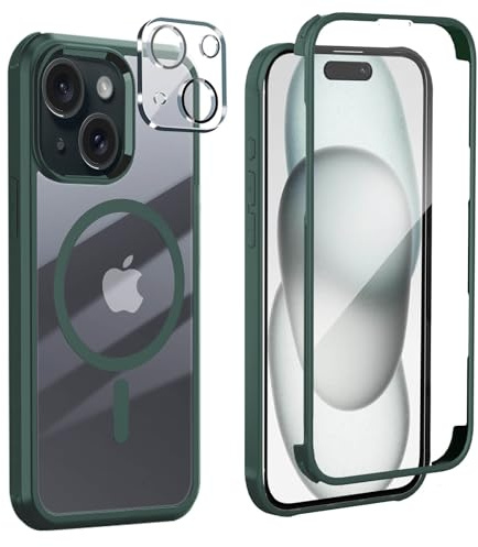 Leedia Kompatibel mit Magsafe iPhone 15 Hülle 360 Grad Schutz Grün | Ganzkörper Schutzhülle mit Eingebauter Panzerglas Displayschutz Stoßfest Case Handyhülle für iPhone 15 6.1