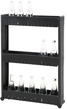 Amig - Chariot de Rangement étroit avec roulettes Böken - 54 x 12 x 78 cm - Chariot de Rangement auxiliaire - Unité de Rangement à 3 Niveaux pour Salle de Bain - Noir
