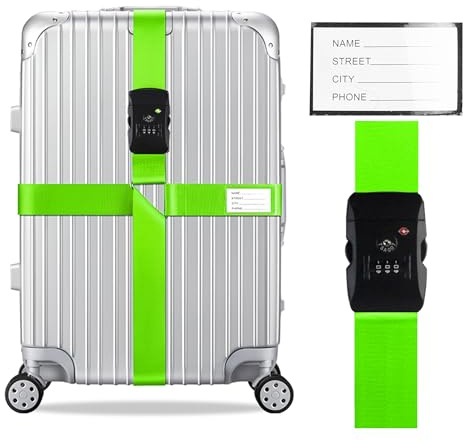 Veki Koffergurt mit TSA Schloss, Kofferband Auffällig, Grün, 1 Stück | Kreuz Kofferband Gurt mit Zahlenschloss, Kofferbänder mit Namensausweis für Samsonite Koffer/Rimowa, Koffergurte für Reisen